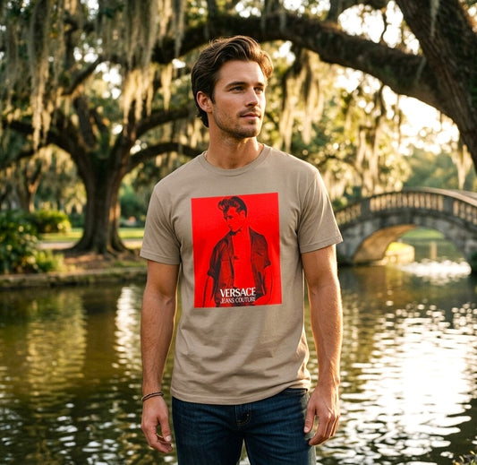 A short-sleeve t-shirt with a graphic print of a gay muscular man wearing a Versace shirt in a 1990s ad. Designed and for sale in The Pink Rocket New Orleans gay gift shop. Southern Decadence clothing.