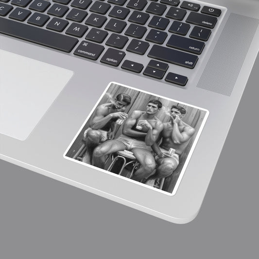 A monochrome laptop sticker with three shirtless gay men seated on stools against a wooden wall, each holding a can and smoking a cigarette. Gay erotic stickers from The Pink Rocket New Orleans gay gift shop.