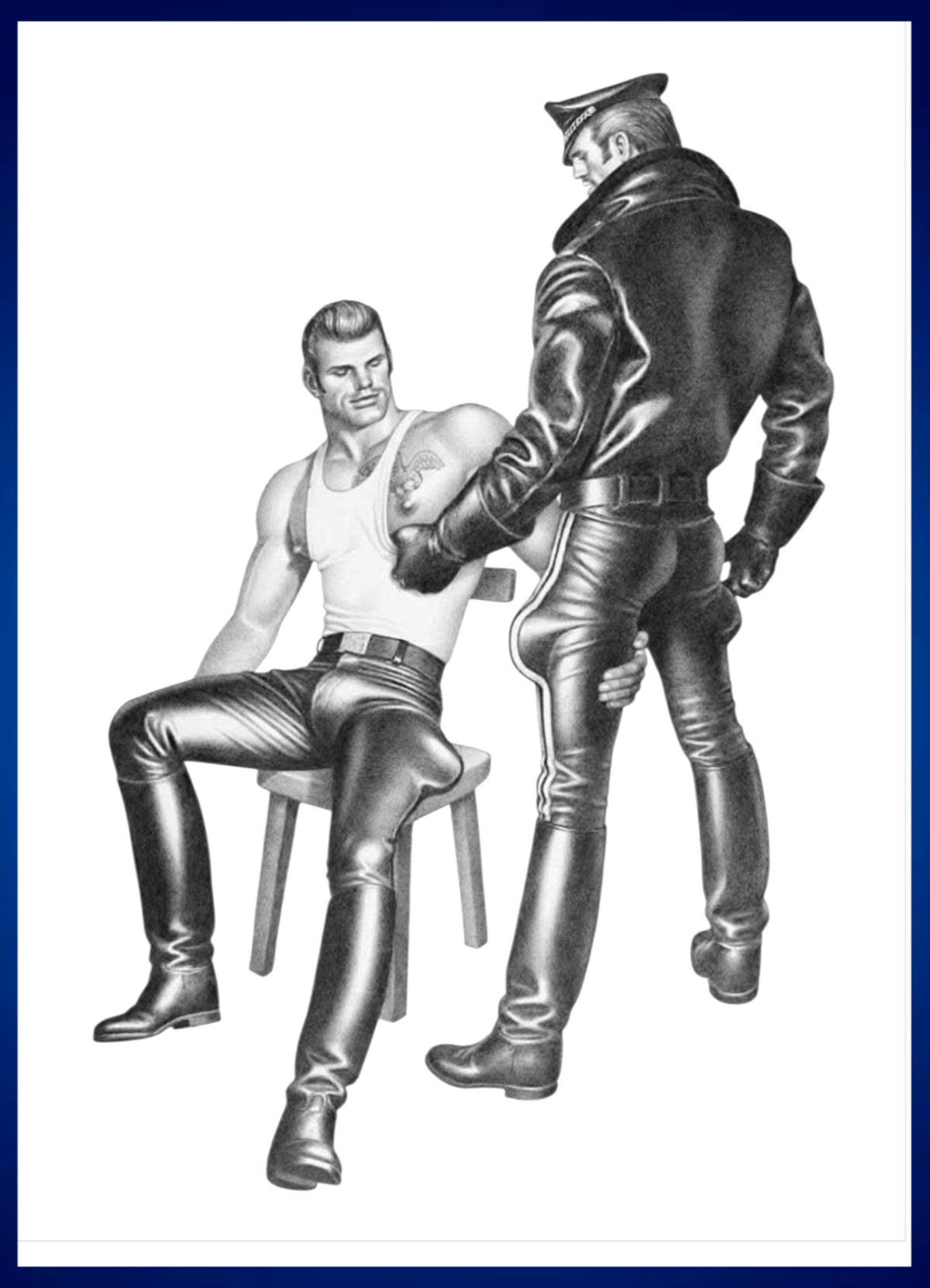Black and white illustration of two gay men in leather outfits, one seated on a stool and one standing in a leather jacket and pants. Erotic art sold in The Pink Rocket New Orleans a gay owned small business.
