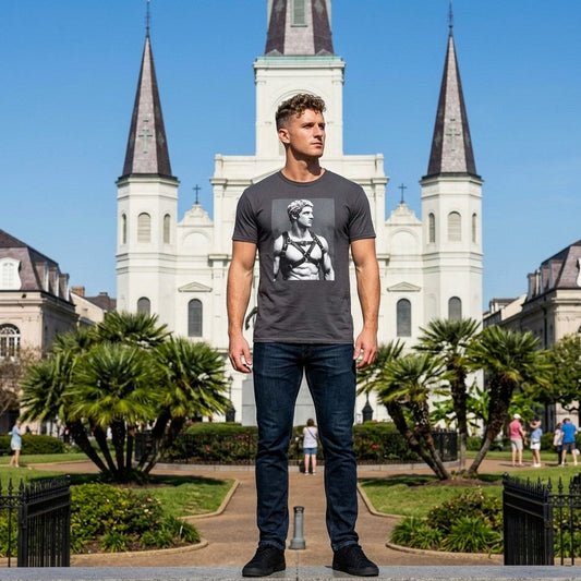 A model wearing a dark gray crewneck t-shirt featuring a black-and-white graphic print of a muscular classical Apollo statue wearing a harness. Designed and sold in The Pink Rocket New Orleans gay owned gift shop.