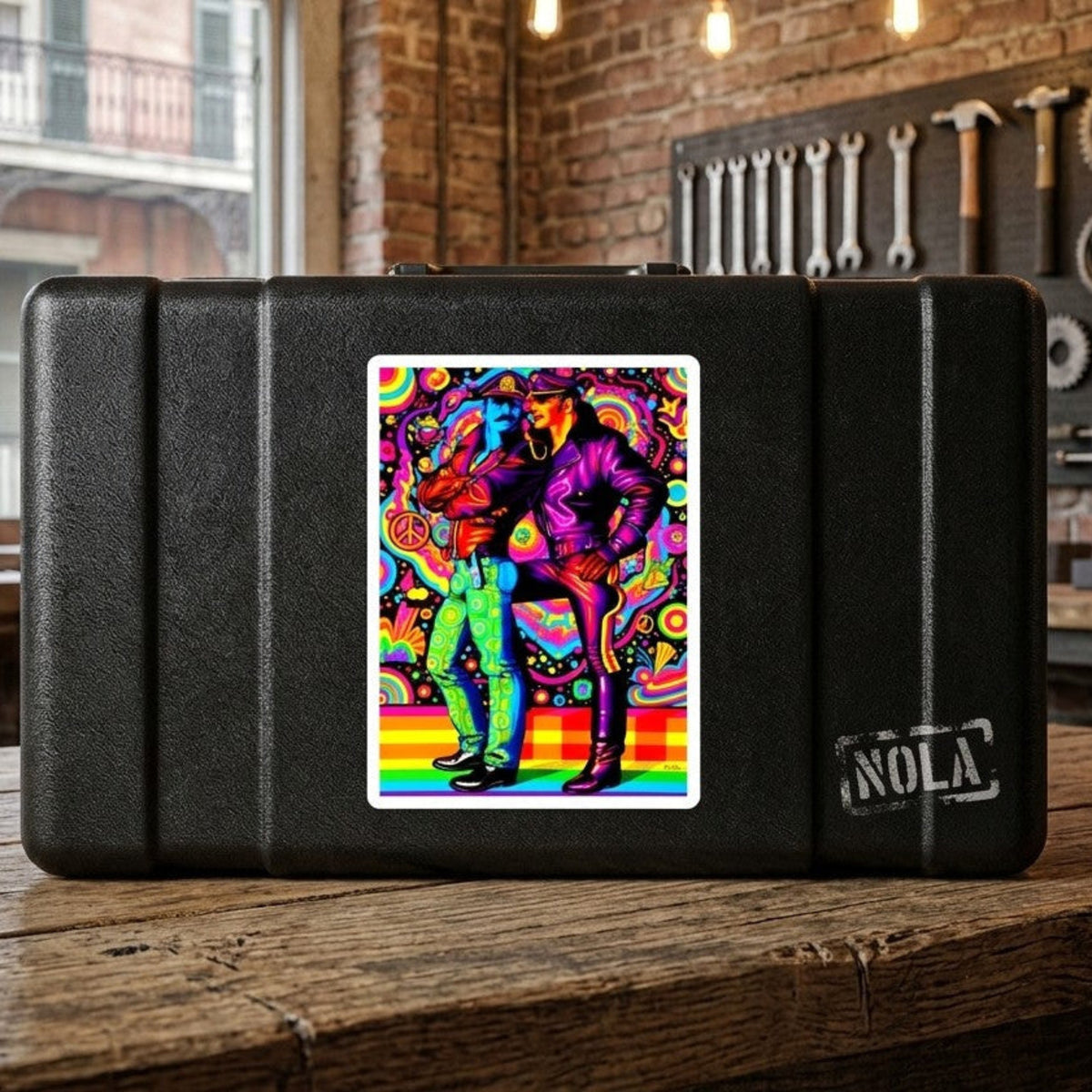 A vibrant, psychedelic pop art sticker on a toolbox featuring two hunky leathermen in retro military-style uniforms, rendered in bright neon colors against a swirling rainbow background. For sale in The Pink Rocket New Orleans gay gift shop.