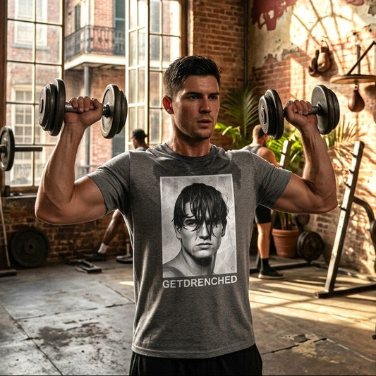 A man in a gym setting wearing a gray t-shirt with a black-and-white graphic portrait of a hunky wet model and the text 'GETDRENCHED' printed on the front. Designed and for sale in The Pink Rocket NOLA gay owned gift shop.