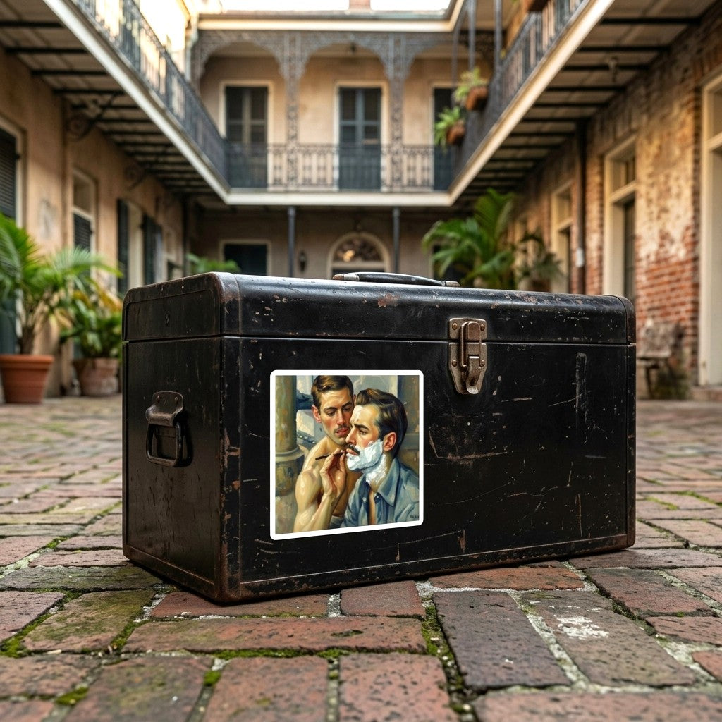 An oil painting toolbox sticker depicting a bearded gay man with white shaving foam while another man shaves his face. Designed and sold in The Pink Rocket New Orleans gay owned gift shop.