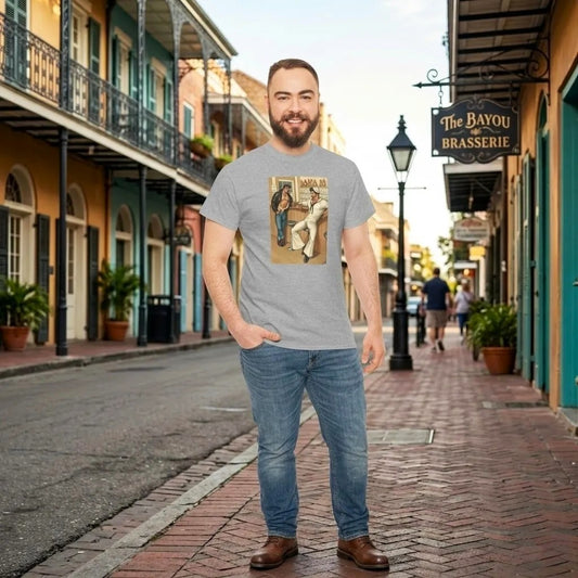 An model during Southern Decadence wearing a gray crewneck t-shirt featuring a vintage-style graphic print of hunky gay two men in a bar. For sale in The Pink Rocket New Orleans gay owned gift shop.