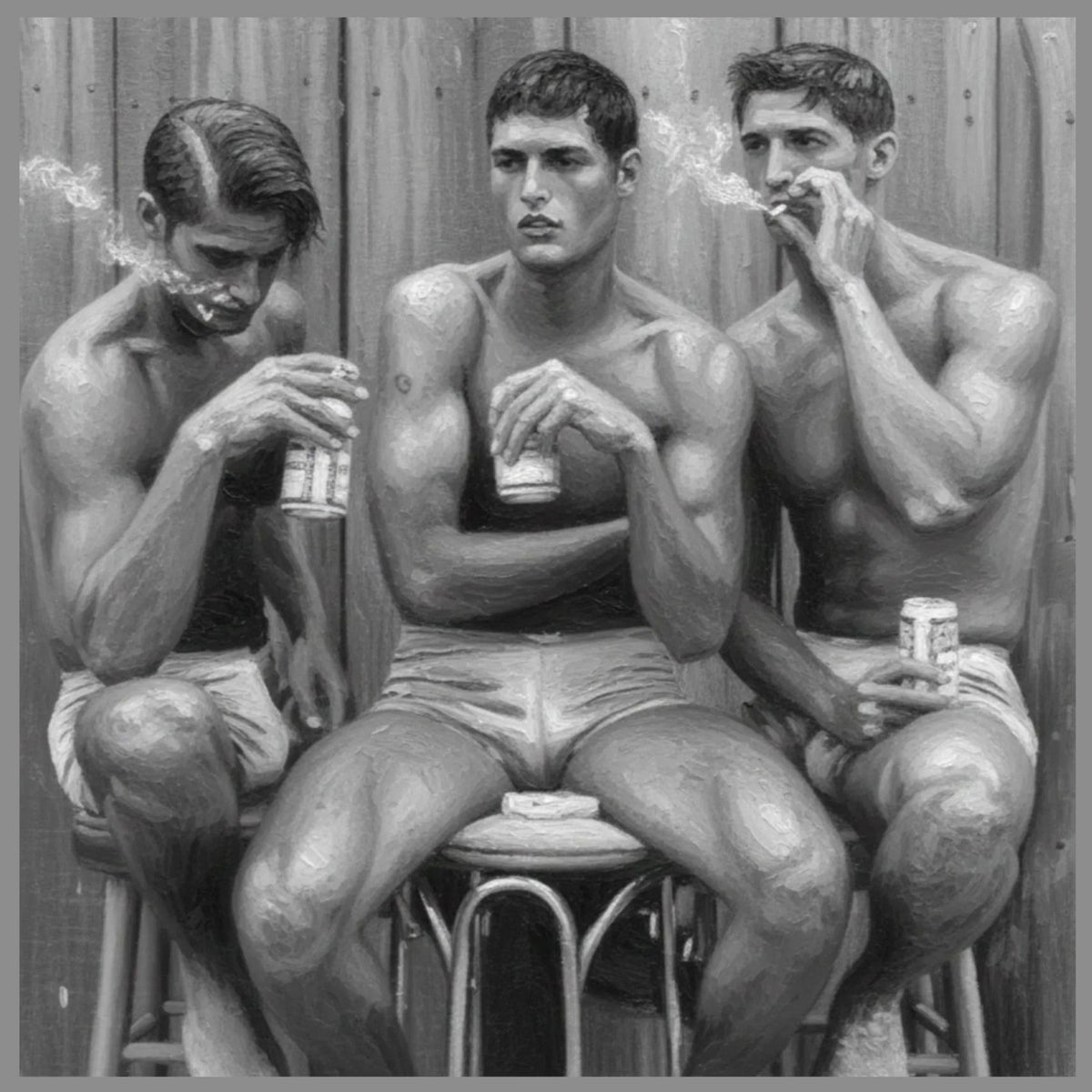 Sexy black and white 14X14 wall poster of three hunky gay men sitting on barstools. For sale in The Pink Rocket NOLA gay gift shop.