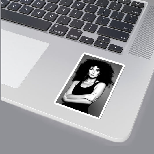 A black and white portrait print of  Cher with voluminous curly hair, wearing a black tank top and dangling earrings, centered within a white border on a gray background. For sale in The Pink Rocket NOLA gay gift shop.
