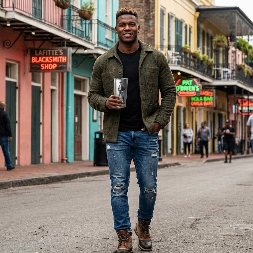 A handsome black man walking down Bourbon Street with a brushed stainless steel tumbler with a clear lid, featuring a graphic of a muscular Tom of Finland man in a black leather jacket and blue jeans, peraonalized. with the name Judd For sale in The Pink Roket New Orleans gay gift shop.