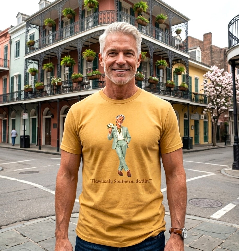 Model wearing a gold short-sleeve t-shirt with a graphic of a gay man in a light green suit holding a flower, with the text "Flawlessly Southern, darlin'" printed below in brown letters. Designed and for sale in The Pink Rocket New Orleans gay gift shop.
