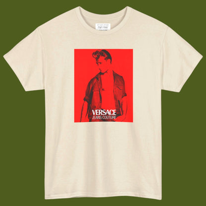 A off white short-sleeve t-shirt with a graphic print of a gay muscular man wearing a Versace shirt in a 1990s ad. Designed and for sale in The Pink Rocket New Orleans gay gift shop.