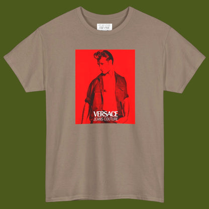 A short-sleeve t-shirt with a graphic print of a gay muscular man wearing a Versace shirt in a 1990s ad. Designed and for sale in The Pink Rocket New Orleans gay gift shop.
