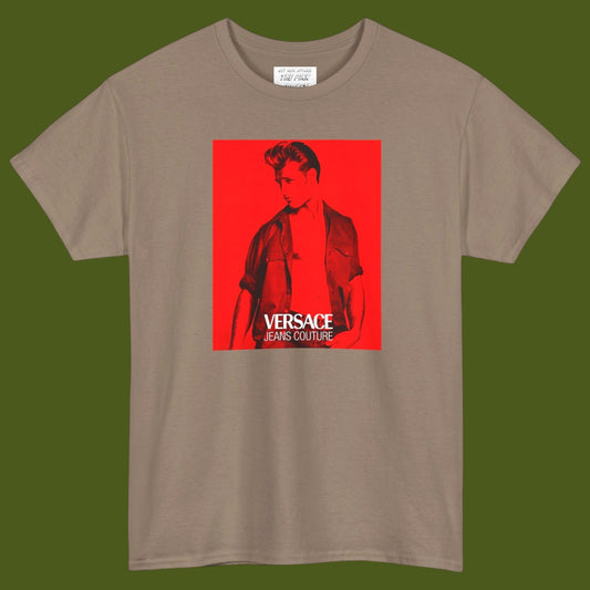 A short-sleeve t-shirt with a graphic print of a gay muscular man wearing a Versace shirt in a 1990s ad. Designed and for sale in The Pink Rocket New Orleans gay gift shop.