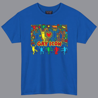 An blue short-sleeve crewneck t-shirt featuring a colorful graphic of a Keith Haring style 'Gay Icon' graphic, with a red heart and the words 'GAY ICON' in red, displayed against a solid blue background. Sold in The Pink Rocket New Orleans gay gift shop.