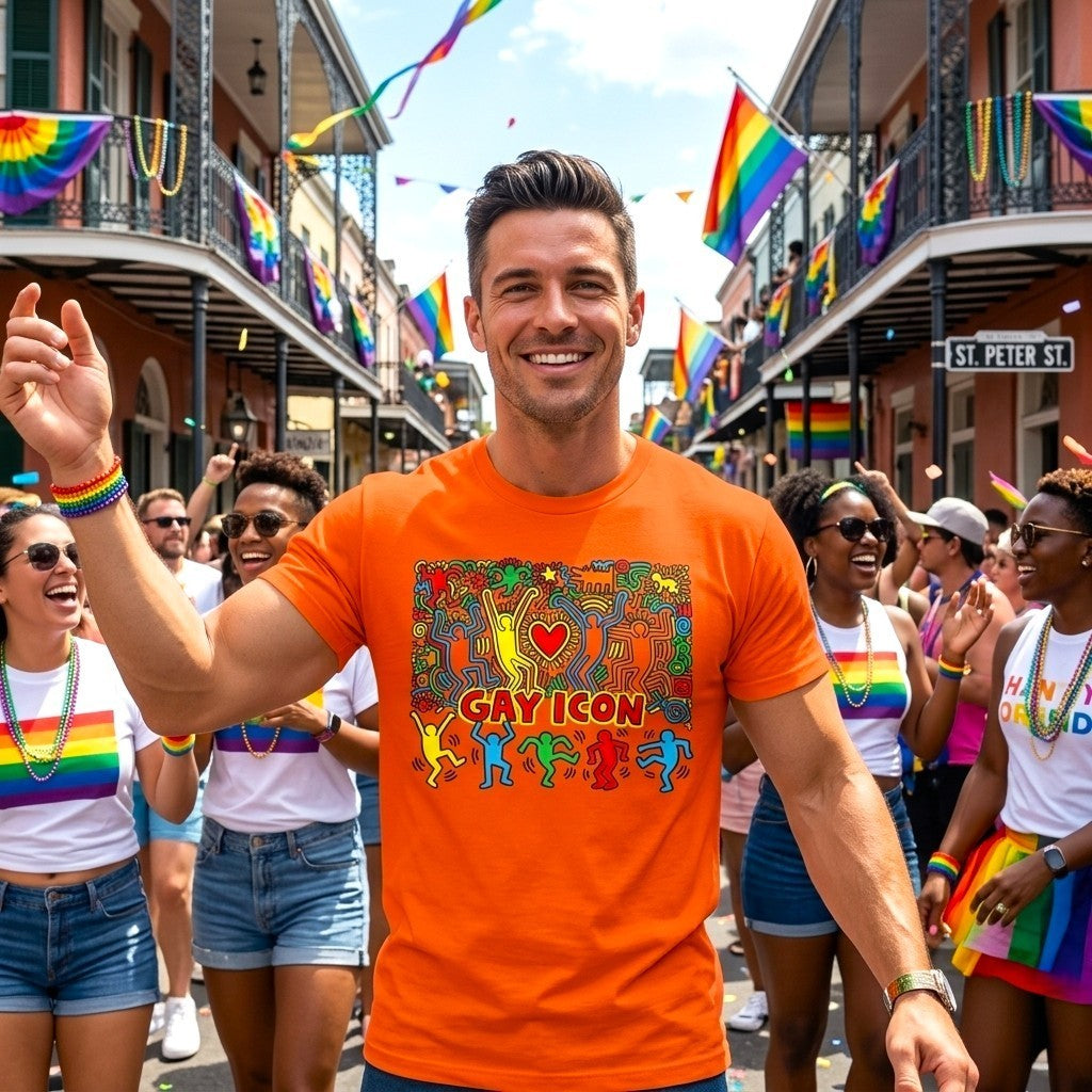 A smiling man in a bright orange graphic T-shirt stands in a street parade wearing rainbow accessories, with people and rainbow flags in the background. The shirt graphic reads “GAYICON” with colorful dancing figures and a heart. Designed and sold in The Pink Rocket New Orleans gay gift shop.