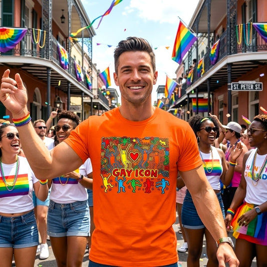 A smiling man in a bright orange graphic T-shirt stands in a street parade wearing rainbow accessories, with people and rainbow flags in the background. The shirt graphic reads “GAYICON” with colorful dancing figures and a heart. Designed and sold in The Pink Rocket New Orleans gay gift shop.
