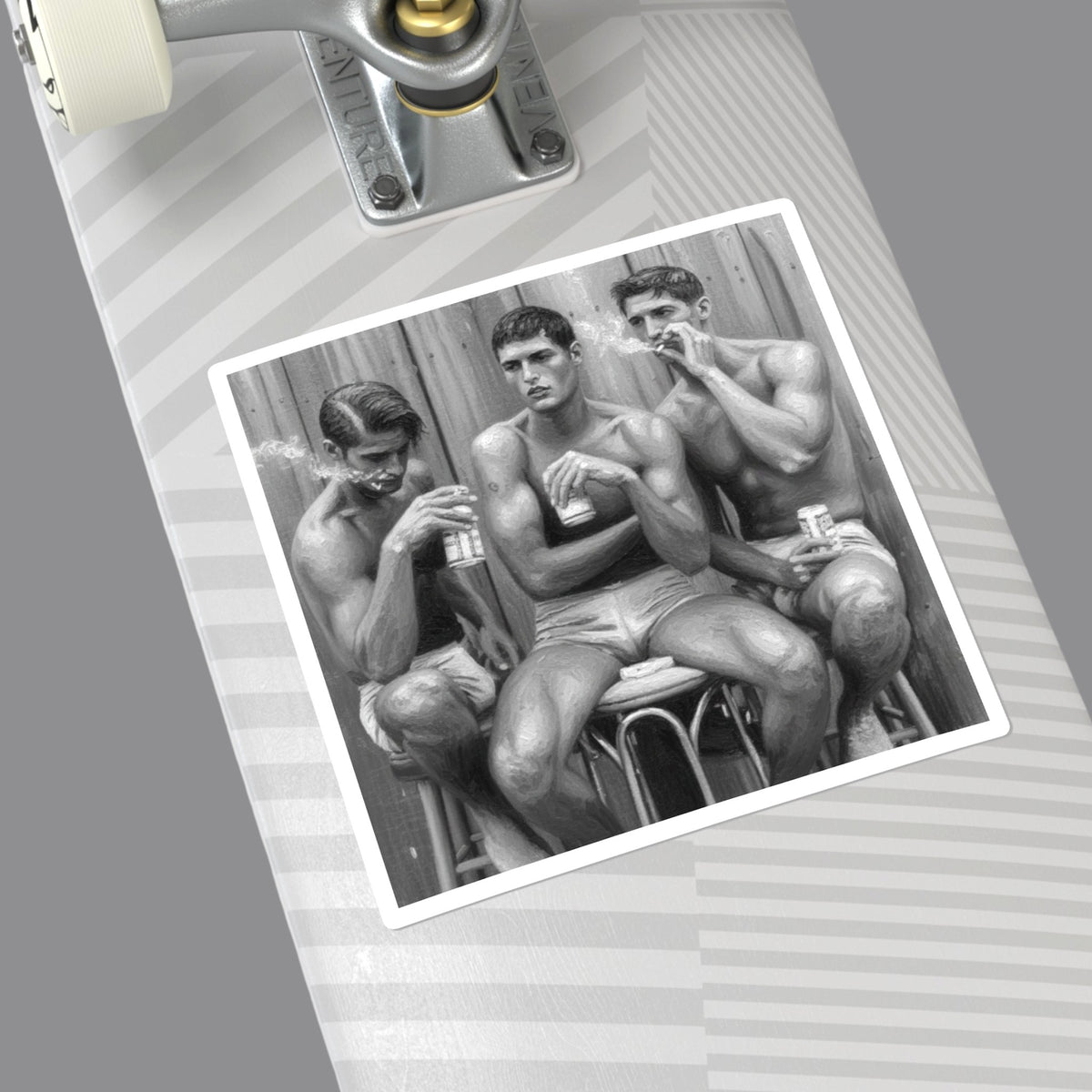 A monochrome llong board sticker with three shirtless gay men seated on stools against a wooden wall, each holding a can and smoking a cigarette. Gay erotic stickers from The Pink Rocket New Orleans gay gift shop.
