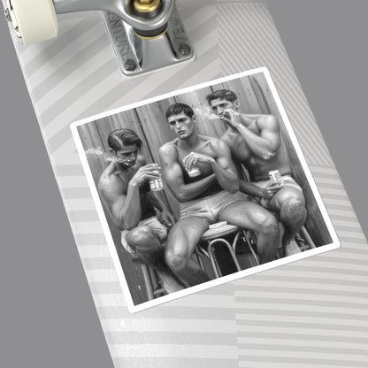 A monochrome llong board sticker with three shirtless gay men seated on stools against a wooden wall, each holding a can and smoking a cigarette. Gay erotic stickers from The Pink Rocket New Orleans gay gift shop.