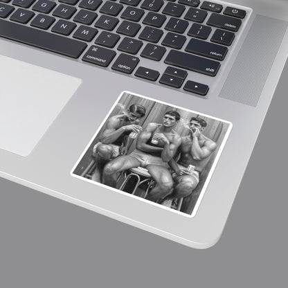A monochrome laptop sticker with three shirtless gay men seated on stools against a wooden wall, each holding a can and smoking a cigarette. Gay erotic stickers from The Pink Rocket New Orleans gay gift shop.