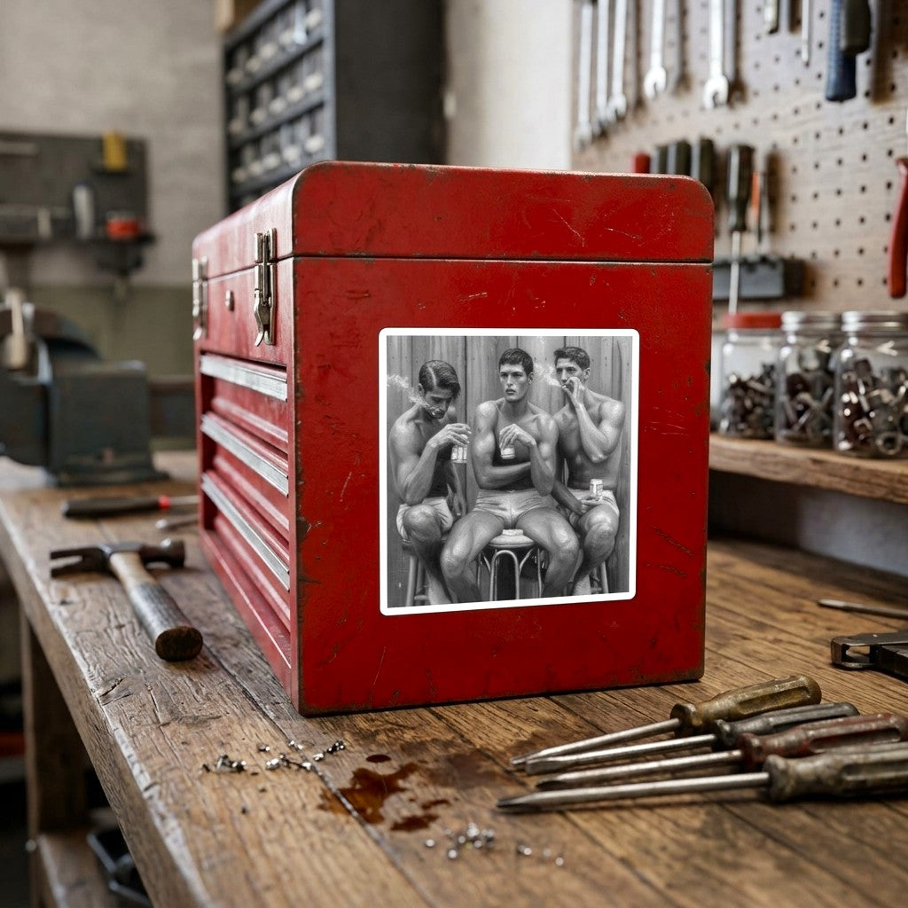 A monochrome toolbox sticker with three shirtless gay men seated on stools against a wooden wall, each holding a can and smoking a cigarette. Gay erotic stickers from The Pink Rocket New Orleans gay gift shop.