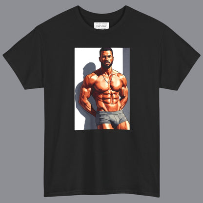 A black short-sleeve crewneck t-shirt featuring a large graphic print on the front of a gay black muscular male bodybuilder posing in gray briefs. Designed and sold in The Pink Rocket New Orleans gift shop.
