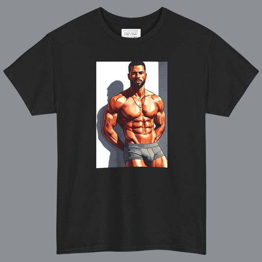 A black short-sleeve crewneck t-shirt featuring a large graphic print on the front of a gay black muscular male bodybuilder posing in gray briefs. Designed and sold in The Pink Rocket New Orleans gift shop.