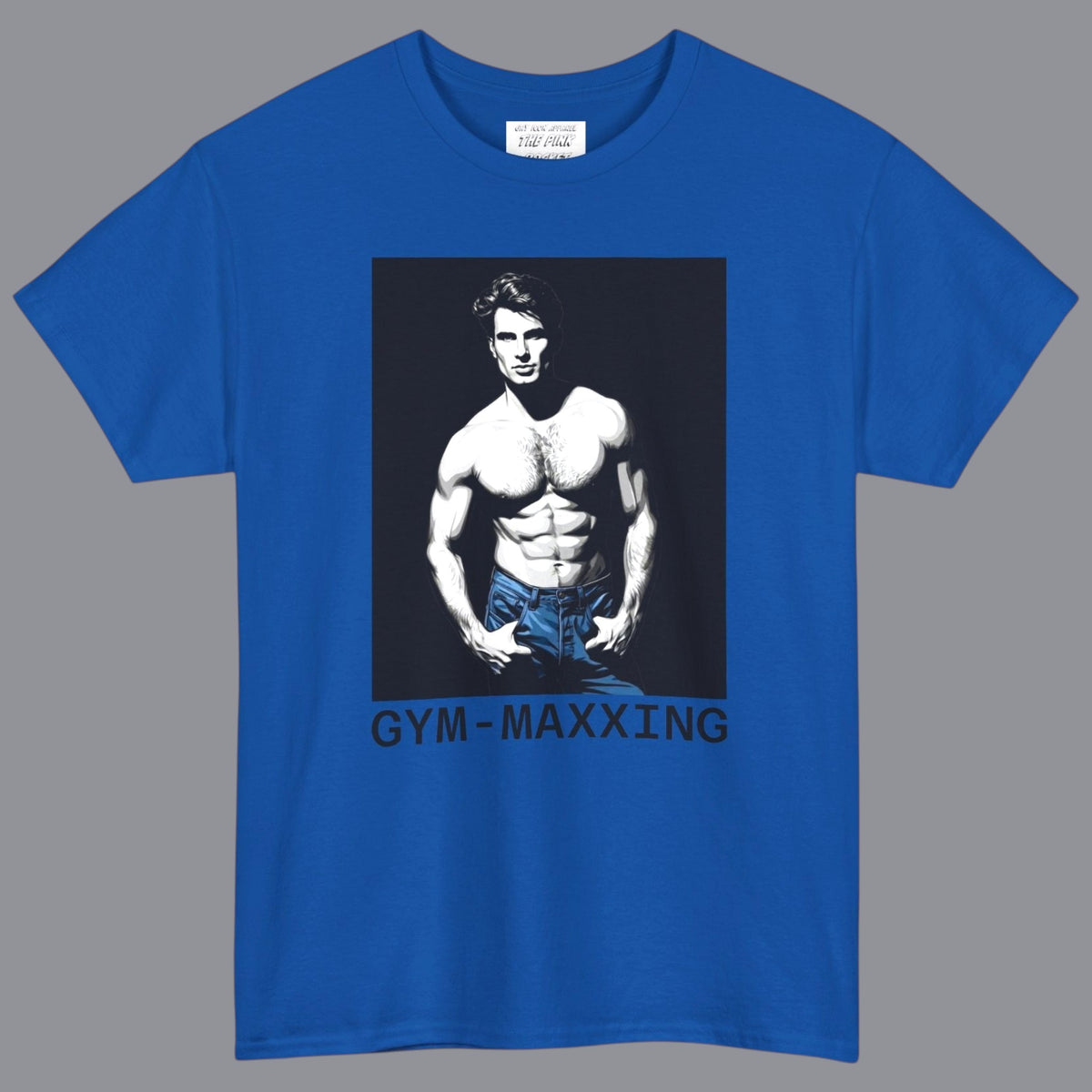 A heather royal blue short-sleeve t-shirt with a graphic print of a gay muscular shirtless man wearing blue pants, with the text 'GYM-MAXXING' printed below the graphic. Deswigned and for sale in The Pink Rocket New Orleans gay gift shop.