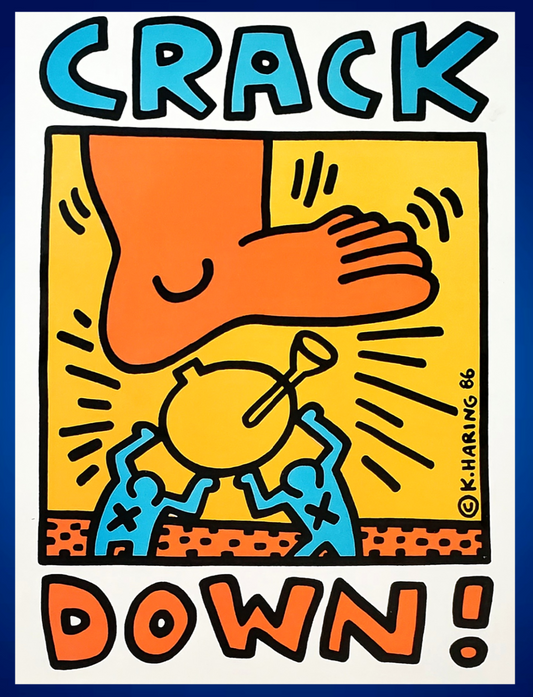 A stylized pop-art Keith Haring photograph of print 'CRACK DOWN!' in bold blue and orange lettering. For sale in The Pink Rocket New Orleans gay gift shop.