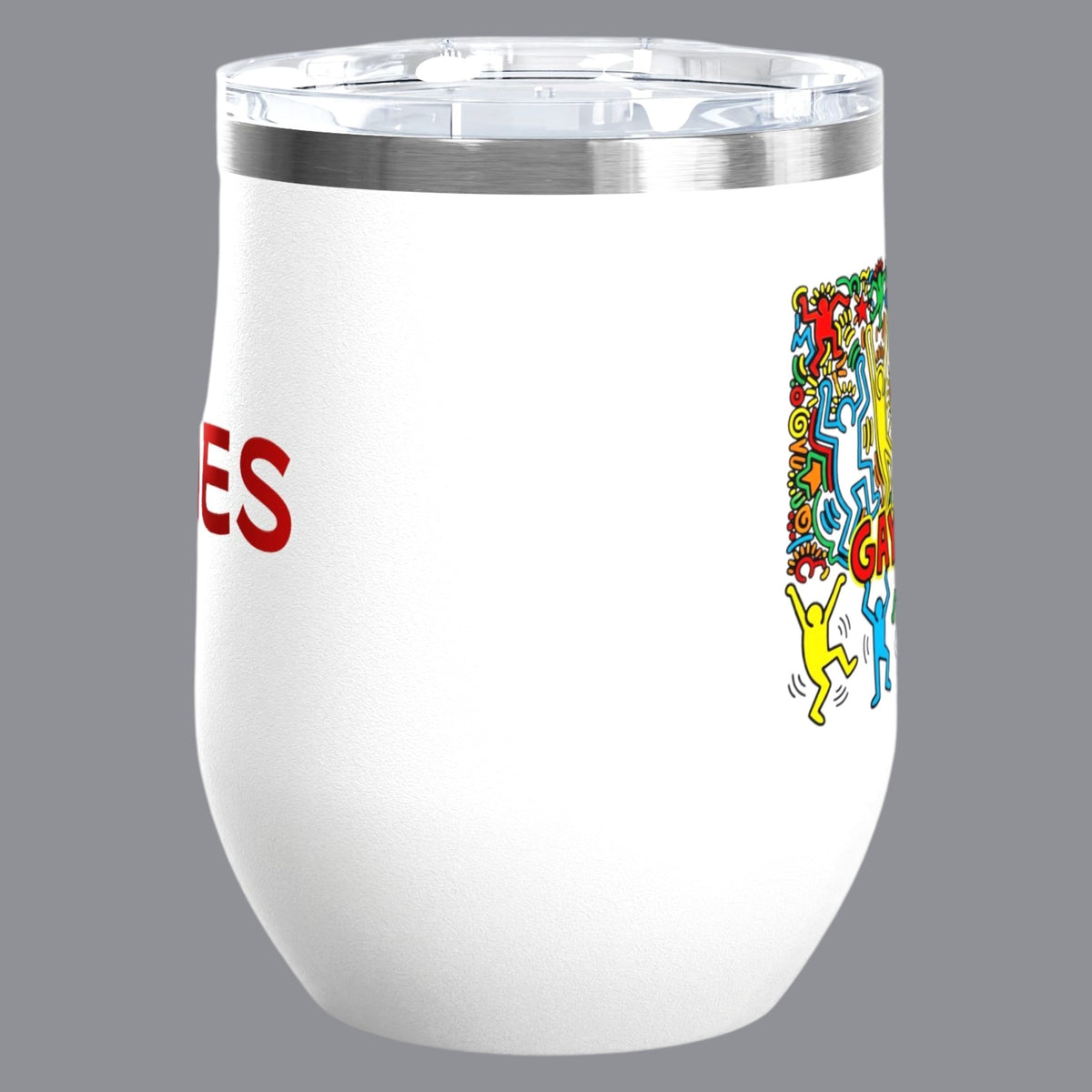Side view of a personalized white 12oz. insulated stemless wine tumbler with a clear lid. The tumbler features a colorful graphic of dancing figures and the words 'GAY ICON' in red, yellow, and blue. Designed and sold in The Pink Rocket New Orleans gay gift shop.