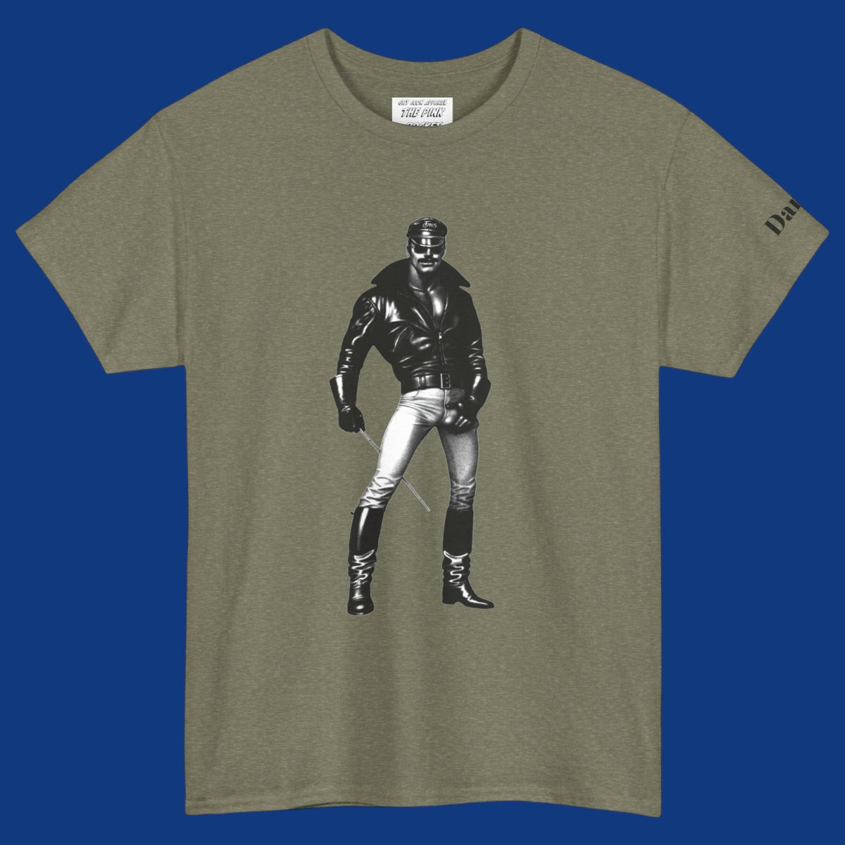 A heather green short-sleeve t-shirt featuring a Tom of Finland style black and white graphic image of a gay biker with a leather jacket and boots with his hand on his large bulge. Sold in The Pink Rocket New Orleans gay gift shop.