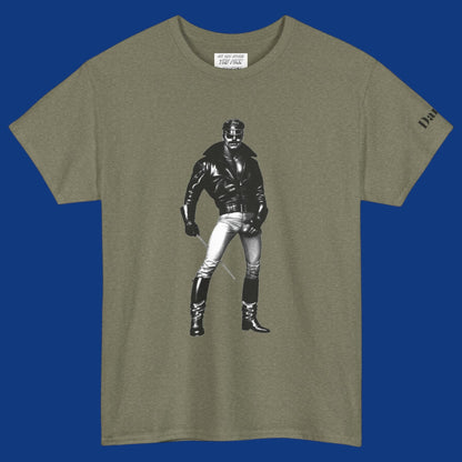 A heather green short-sleeve t-shirt featuring a Tom of Finland style black and white graphic image of a gay biker with a leather jacket and boots with his hand on his large bulge. Sold in The Pink Rocket New Orleans gay gift shop.