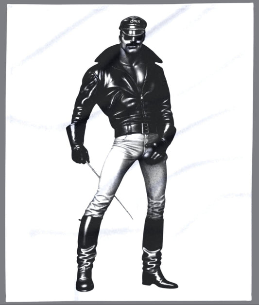 A black and white Tom of finland style image of a muscular gay man wearing a black leather jacket, aviator sunglasses, light-colored pants, and tall black boots, holding a thin rod. Designed and for sale in The Pink Rocket New Orleans gay gift shop.