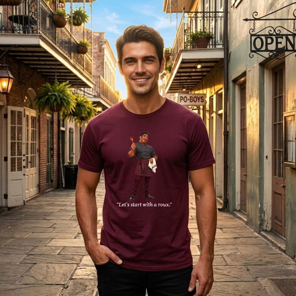 Handmasom model wearing a wine colored short-sleeve t-shirt with a graphic of a gay male chef  in a holding a wooden spoon with the text "Let's Start With A Roux" printed below in off white letters. Designed and for sale in The Pink Rocket New Orleans gay gift shop.