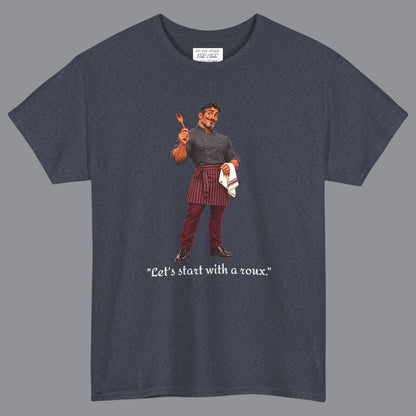 A heather navy colored short-sleeve t-shirt with a graphic of a gay male chef  in a holding a wooden spoon with the text "Let's Start With A Roux" printed below in off white letters. Designed and for sale in The Pink Rocket New Orleans gay gift shop.