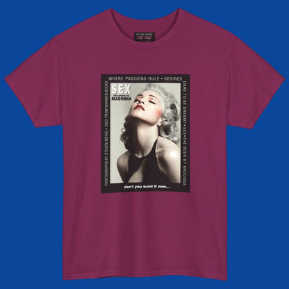 A berry color short-sleeve t-shirt with a large rectangular graphic print on the front of Madonna advertising her 1992 SEX book. Pick it up in The Pink Rocket New Orleans.