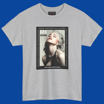 A heather gray short-sleeve t-shirt with a large rectangular graphic print on the front of Madonna advertising her 1992 SEX book. Pick it up in The Pink Rocket New Orleans.
