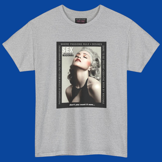 A heather gray short-sleeve t-shirt with a large rectangular graphic print on the front of Madonna advertising her 1992 SEX book. Pick it up in The Pink Rocket New Orleans.