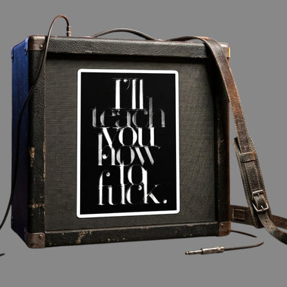 A typographic vinyl sticker on an amp featuring the text 'I'll teach you how to fuck.' in layered white lettering on a black background, with a thin white border around the print. Available in The Pink Rocket New Orleans gay gift shop.