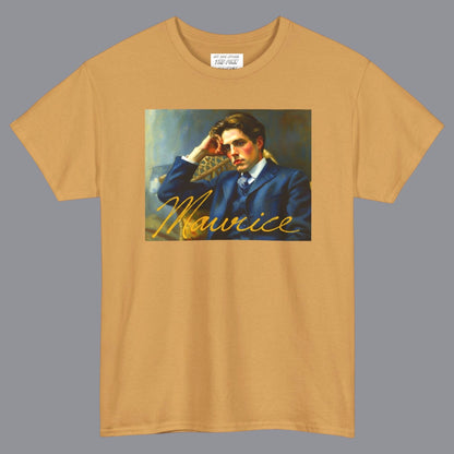 A gold bronze short-sleeve t-shirt with a rectangular graphic print of the gay 80's film Maurice on the chest depicting a portrait of a man in a blue suit and the name 'Maurice' in gold script. Designed and available in The Pink Rocket New Orleans gay gift shop.
