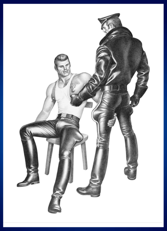 Black and white illustration of two gay men in leather outfits, one seated on a stool and one standing in a leather jacket and pants. Erotic art sold in The Pink Rocket New Orleans a gay owned small business.