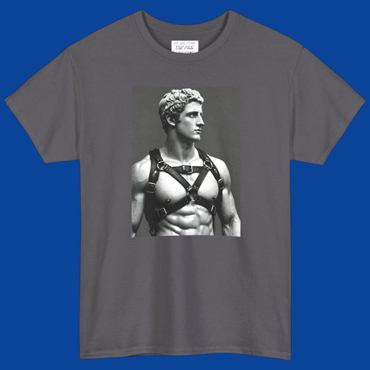 A dark gray crewneck t-shirt featuring a black-and-white graphic print of a muscular classical Apollo statue wearing a harness. Designed and sold in The Pink Rocket New Orleans gay owned gift shop.