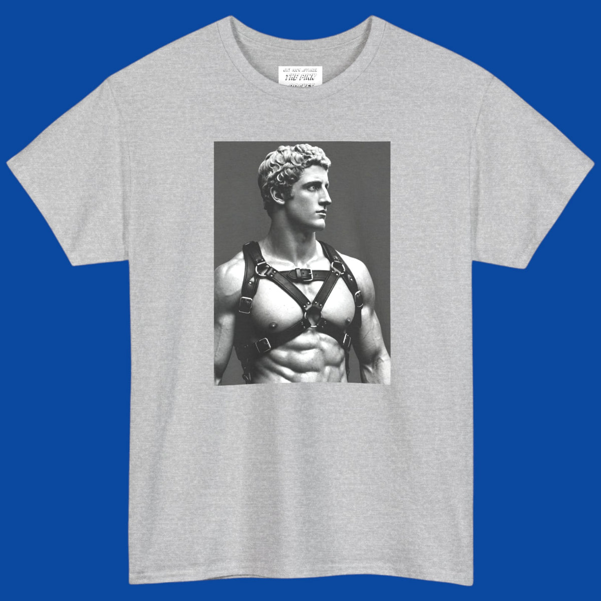A light gray crewneck t-shirt featuring a black-and-white graphic print of a muscular classical Apollo statue wearing a harness. Designed and sold in The Pink Rocket New Orleans gay owned gift shop.