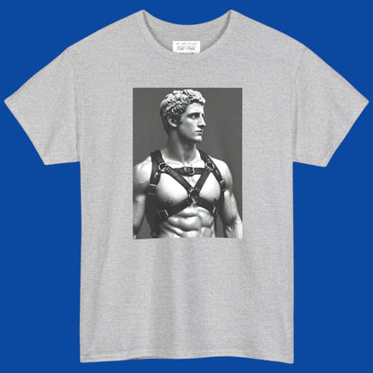 A light gray crewneck t-shirt featuring a black-and-white graphic print of a muscular classical Apollo statue wearing a harness. Designed and sold in The Pink Rocket New Orleans gay owned gift shop.