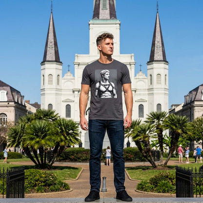 A model wearing a dark gray crewneck t-shirt featuring a black-and-white graphic print of a muscular classical Apollo statue wearing a harness. Designed and sold in The Pink Rocket New Orleans gay owned gift shop.