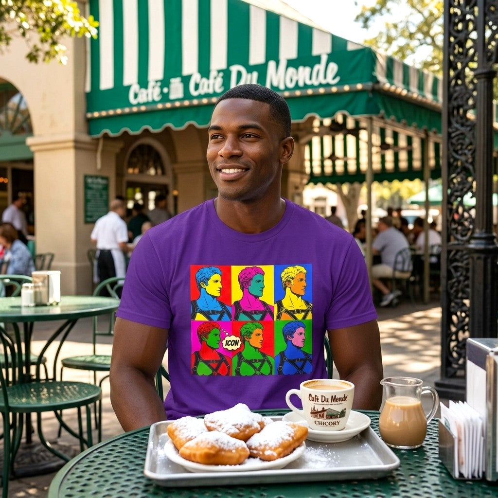 A purple short-sleeve crewneck t-shirt featuring a colorful pop-art graphic of six stylized Apollo statues in a grid pattern on the chest. Designed and sold in The Pink Rocket New Orleans gift shop.