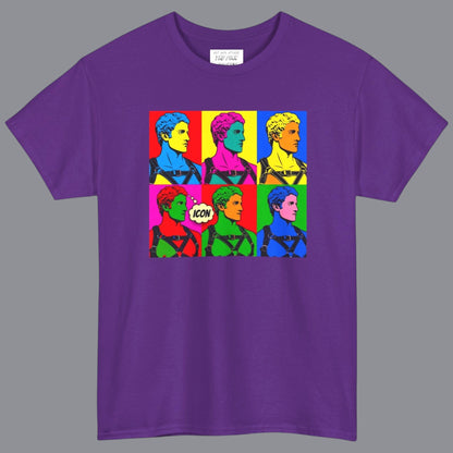 A purple short-sleeve crewneck t-shirt featuring a colorful pop-art graphic of six stylized Apollo statues in a grid pattern on the chest. Designed and sold in The Pink Rocket New Orleans gift shop. 