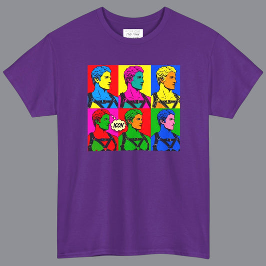 A purple short-sleeve crewneck t-shirt featuring a colorful pop-art graphic of six stylized Apollo statues in a grid pattern on the chest. Designed and sold in The Pink Rocket New Orleans gift shop. 