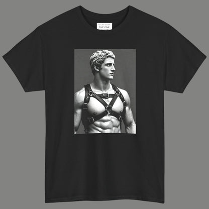 A black crewneck t-shirt featuring a black-and-white graphic print of a muscular classical Apollo statue wearing a harness. Designed and sold in The Pink Rocket New Orleans gay owned gift shop.