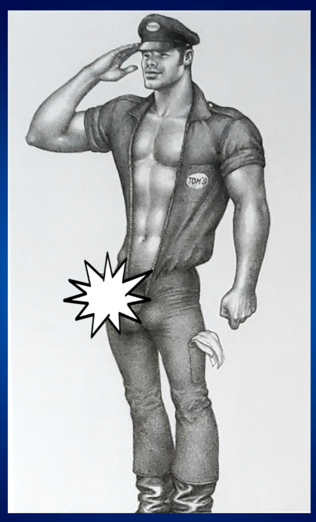 A black and white illustration of a hunky muscular gay man saluting, wearing a short-sleeve button-up shirt, open jacket, cap, and jeans. For sale in The Pink Rocket New Orleans a gay owned gift shop.