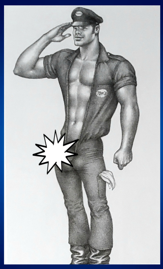 A black and white illustration of a hunky muscular gay man saluting, wearing a short-sleeve button-up shirt, open jacket, cap, and jeans. For sale in The Pink Rocket New Orleans a gay owned gift shop.