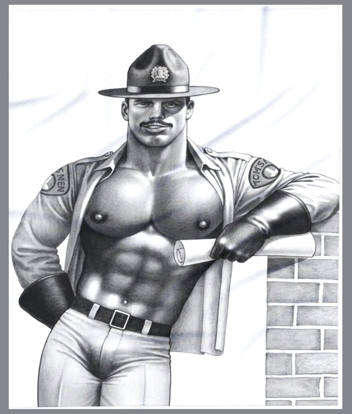 A black and white pencil Tom of Finland style illustration of a muscular gay man in a police uniform with an open shirt, wearing a campaign hat and leaning against a brick wall while holding a rolled-up document. For sale in The Pink Rocket New Orleans gay gift shop.
