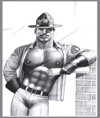 A black and white pencil Tom of Finland style illustration of a muscular gay man in a police uniform with an open shirt, wearing a campaign hat and leaning against a brick wall while holding a rolled-up document. For sale in The Pink Rocket New Orleans gay gift shop.